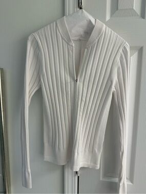 Athleta White Ribbed Zip-Front Lightweight Cardigan Sweater